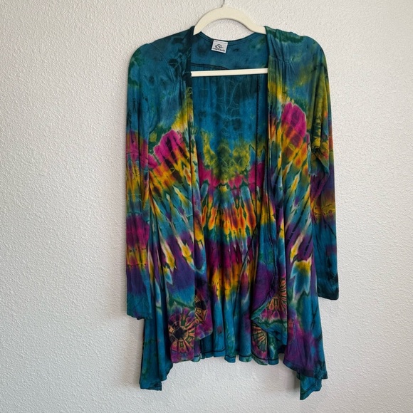 Unique Batik Womens Stretch Jersey Knit Watercolor Tie dye Boho Cardigan Relaxed - Picture 1 of 7